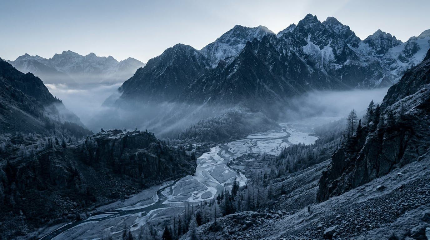Kühle Alpenlandschaft in Blaustunden-Tönen: ein Pass-Sattel zwischen zwei kalten Tälern als klarer Übergang.